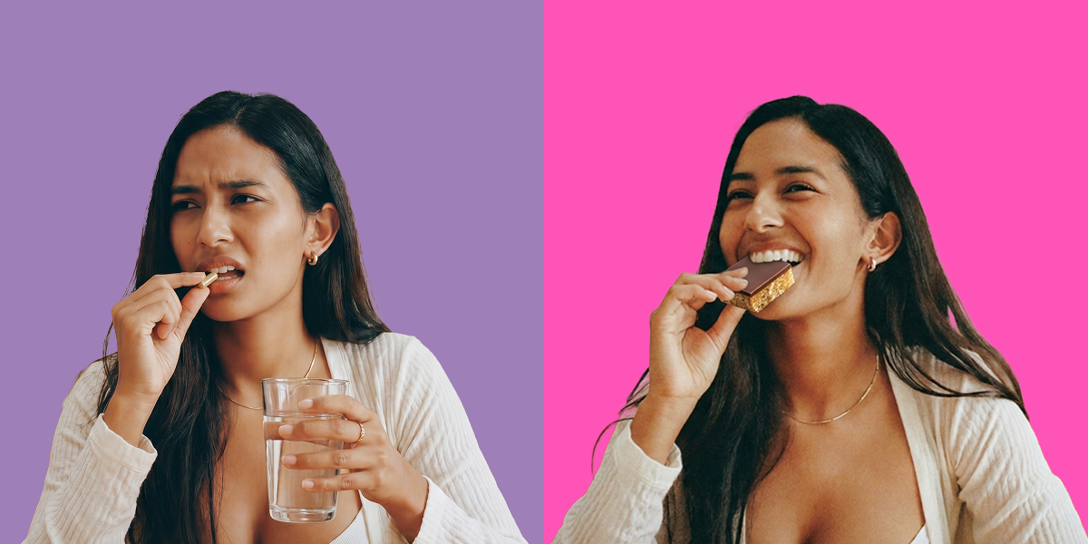 A woman grimaces while taking a fenugreek capsule with a glass of water on the left, contrasted with the same woman smiling happily while eating a Mrs. Patel's Lactation Treat on the right.